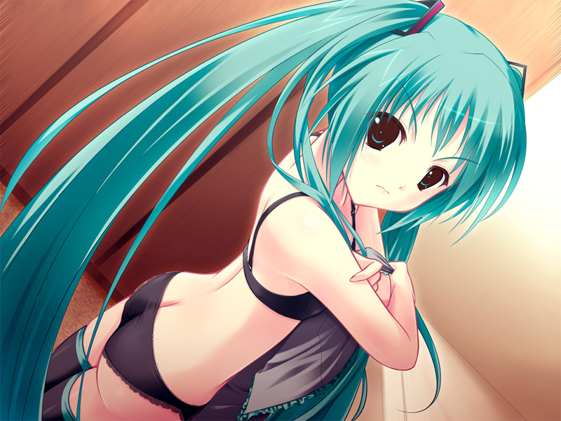 amino, amino kohaku, hatsune miku, vocaloid, game cg, 1girl, 3:, angry, aqua eyes, aqua hair, ass, black bra, black panties, black theme, black thighhighs, blouse, bra, butt crack, clothes in front, dressing, dressing room, dutch angle, female focus, frilled shirt, frills, green eyes, green hair, grey shirt, lace, lace-trimmed panties, lace trim, lingerie, long hair, looking back, matching hair/eyes, panties, shirt, solo, thighhighs, twintails, underwear, underwear only, unworn shirt, very long hair