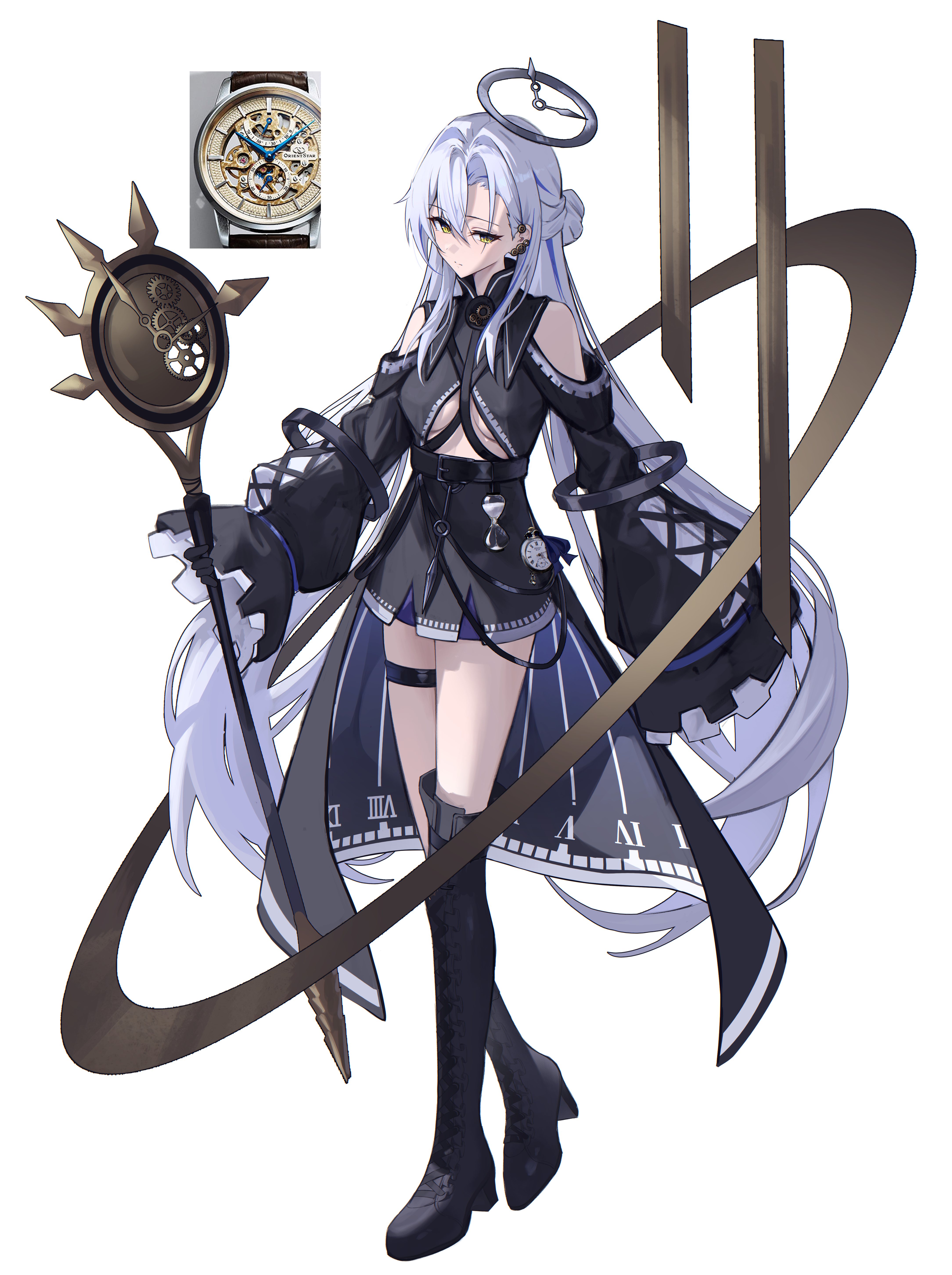 sasa (sasa ekakiman), original, absurdres, highres, 1girl, black gloves, blue hair, boots, breasts, clothing cutout, gloves, halo, high heel boots, high heels, holding, holding staff, hourglass, long hair, medium breasts, multicolored hair, photo inset, pocket watch, shoulder cutout, solo, staff, streaked hair, thigh strap, underboob, watch, white background, white hair, wide sleeves, yellow eyes