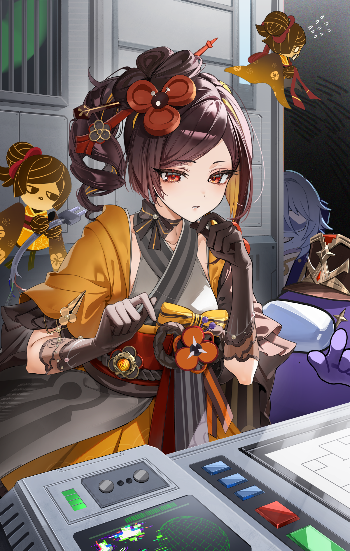 rity, chevreuse (genshin impact), chiori (genshin impact), crewmate (among us), impostor (among us), kamisato ayato, tamoto (genshin impact), among us, genshin impact, highres, promotional art, 1girl, 2others, black gloves, blonde hair, brown hair, chevreuse (genshin impact) (cosplay), cosplay, drill hair, drill ponytail, gloves, hair ornament, hairpin, hand up, indoors, japanese clothes, kamisato ayato (cosplay), kimono, looking at viewer, medium hair, multiple others, obi, parted lips, red eyes, sash, short sleeves, side ponytail, vision (genshin impact)