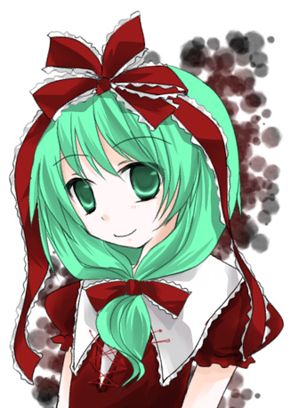 shima hinako, kagiyama hina, touhou, lowres, 1girl, female focus, front ponytail, hair ribbon, ribbon, solo, upper body, white background