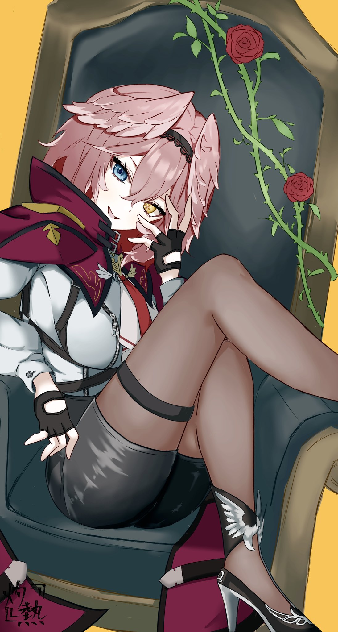 boboboburning, takane lui, takane lui (1st costume), hololive, highres, ascot, black choker, black gloves, black hairband, black shorts, blue eyes, breast zipper, breasts, chair, chest harness, choker, coat, coat on shoulders, crossed bangs, dress shirt, fingerless gloves, flower, gloves, hair between eyes, hair wings, hairband, hand over eye, harness, heterochromia, high-waist shorts, high heels, large breasts, long sleeves, looking at viewer, necktie, on chair, open mouth, orange eyes, pantyhose, pink hair, pink wings, red flower, red necktie, red rose, rose, shirt, shirt tucked in, short hair, shorts, sitting, smile, white ascot, white shirt, wings