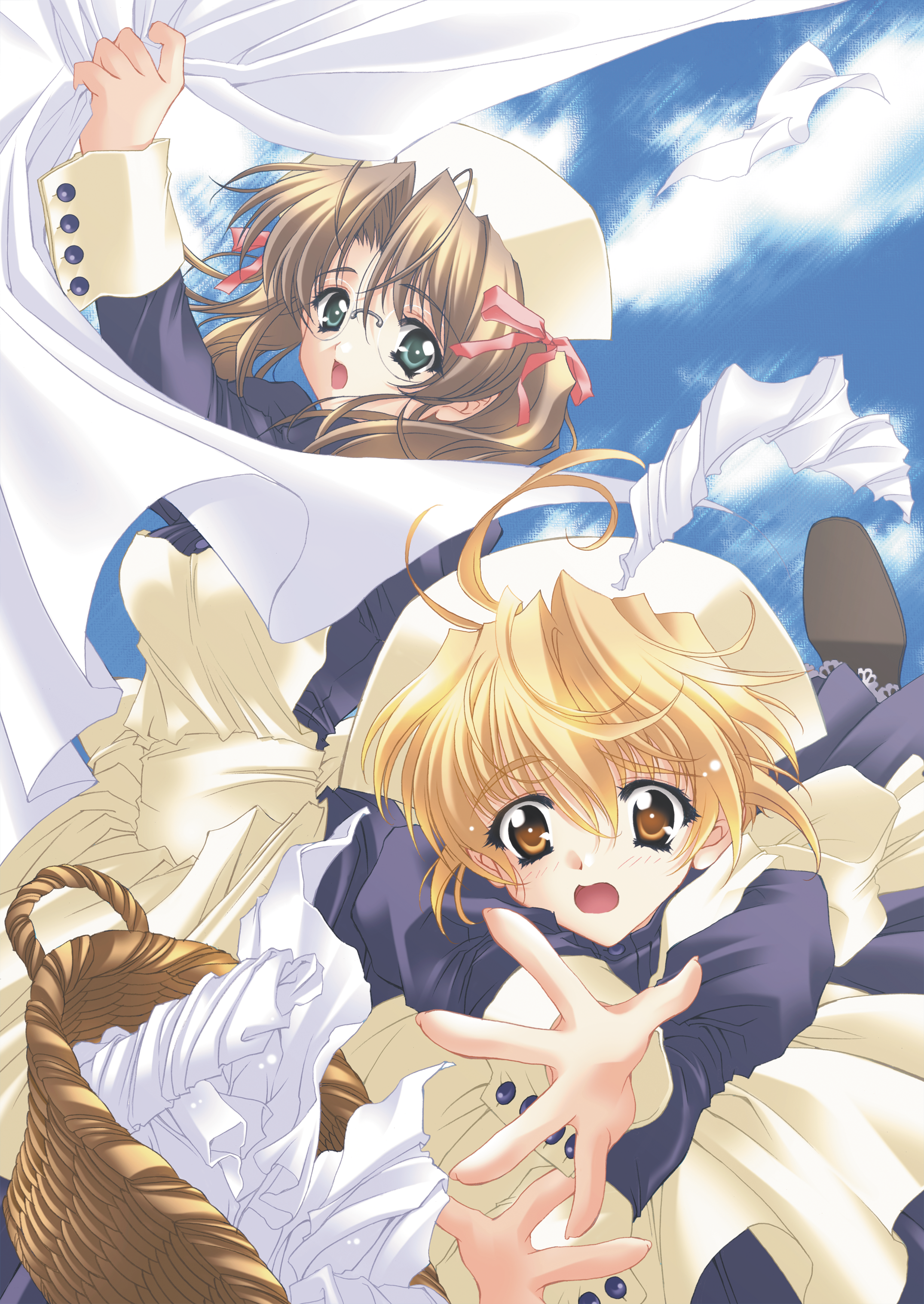 carnelian, harukawa tomomi, kurihara sayaka, kao no nai tsuki, absurdres, highres, 00s, 2girls, blonde hair, brown hair, glasses, green eyes, hat, laundry, maid, multiple girls, yellow eyes