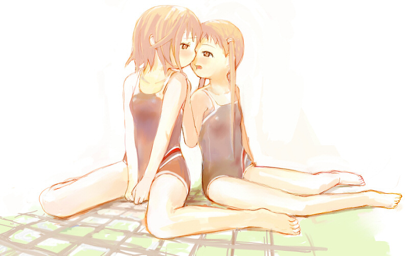 zakka, original, 2girls, barefoot, blush, brown hair, female focus, imminent kiss, long hair, looking at another, multiple girls, one-piece swimsuit, open mouth, school swimsuit, short hair, sitting, swimsuit, twintails, wariza, yuri