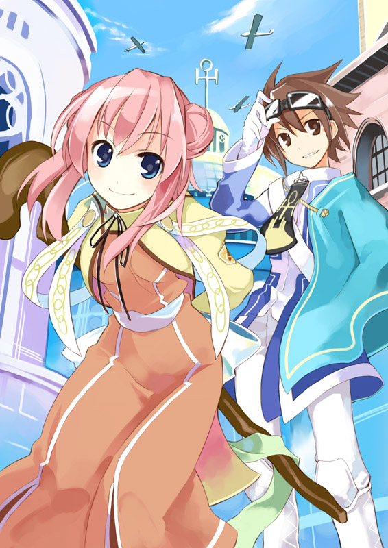 ushiki yoshitaka, kujibiki yuusha-sama, novel illustration, official art, textless version, 1boy, 1girl, blue eyes, brown eyes, brown hair, cover image, dress, fantasy, glasses, goggles, goggles on head, hair bun, orange dress, pants, pink hair, short hair, single hair bun, staff, twintails