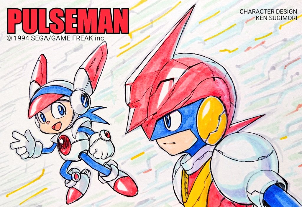 heika (heikahp), pulseman (character), pulseman, commentary request, traditional media, 2boys, armor, blue eyes, closed mouth, copyright name, gloves, helmet, looking at viewer, male focus, multiple boys, open mouth, prototype design, red shoes, shoes, smile, spark (pulseman), v, white gloves