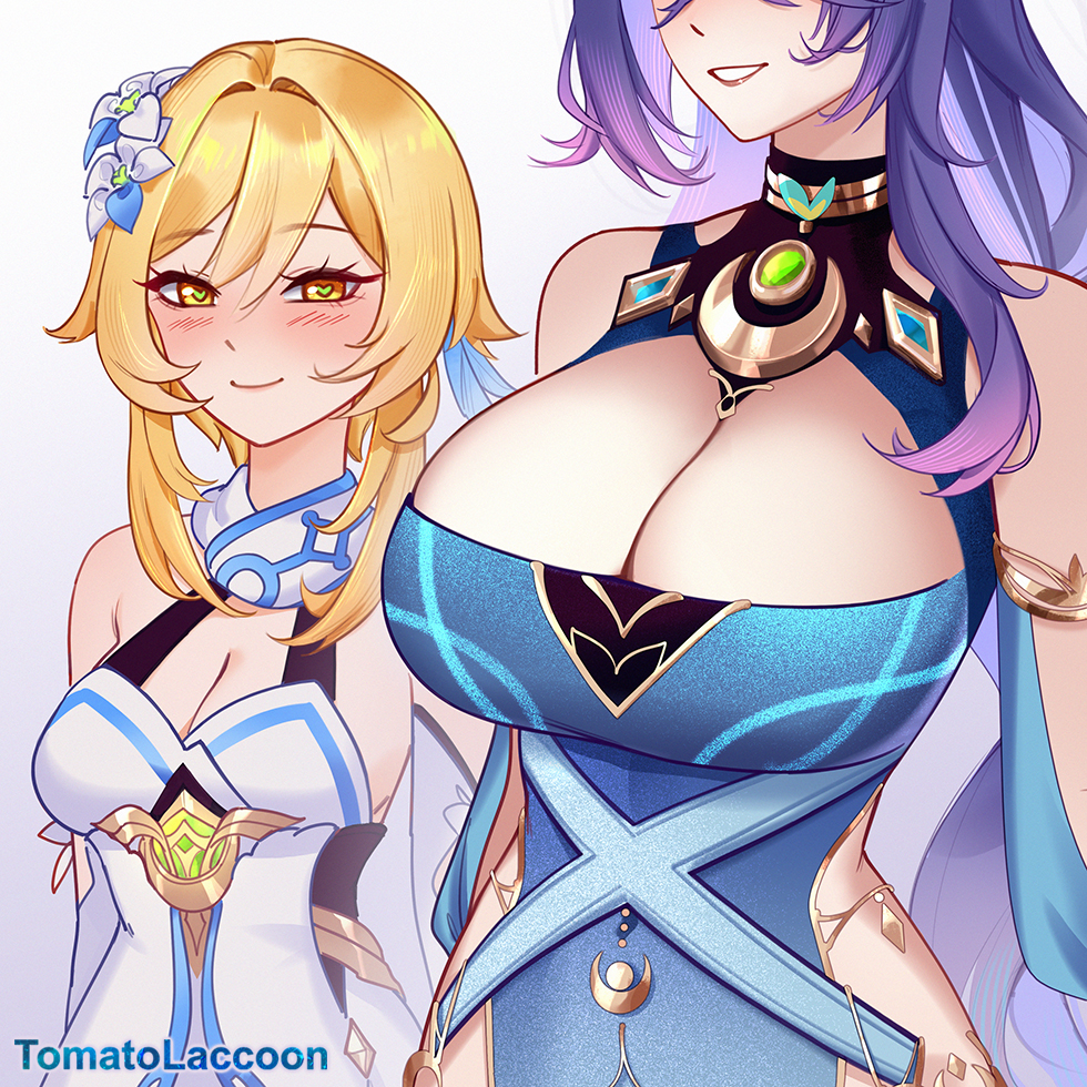 tomatolaccoon, lauma (genshin impact), lumine (genshin impact), genshin impact, commentary, 2girls, bare shoulders, blonde hair, blue dress, blush, breasts, cleavage, dress, gradient background, grey background, grin, large breasts, long hair, medium breasts, multiple girls, purple hair, smile, upper body, very long hair, white dress, yellow eyes