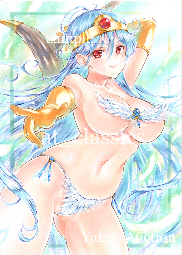 at classics, sage (dq3), dragon quest, dragon quest iii, commentary request, traditional media, 1girl, aqua background, arm behind head, bikini, bikini day, blue gemstone, blue hair, breasts, circlet, cleavage, cowboy shot, divine bikini, earrings, elbow gloves, gem, gloves, gluteal fold, gold circlet, holding, holding staff, jewelry, large breasts, long hair, looking at viewer, midriff, navel, pointing, pointing at viewer, red eyes, red gemstone, sample watermark, sideboob, smile, solo, staff, stud earrings, swimsuit, underboob, watermark, white bikini, yellow gloves