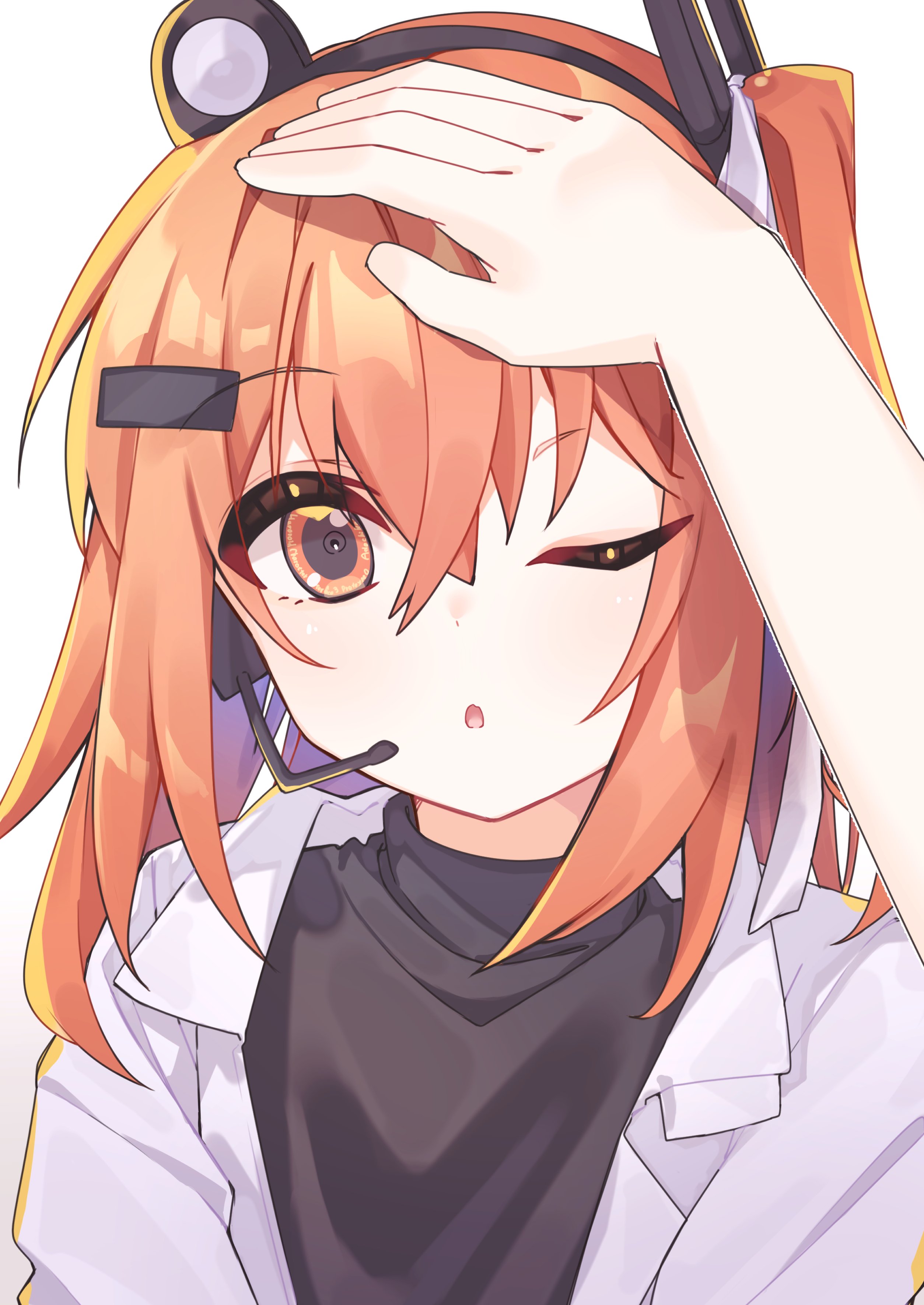 hamano yui, adachi rei, a.i. voice, utau, absurdres, highres, black shirt, hand on another's head, headset, jacket, looking at viewer, medium hair, one eye closed, open clothes, open jacket, orange eyes, orange hair, parted lips, shirt, white jacket