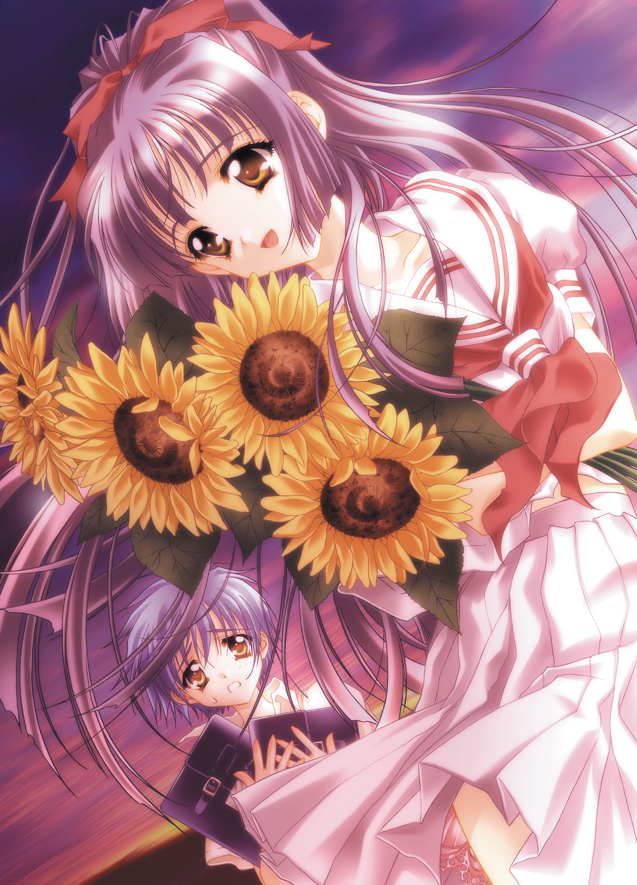 carnelian, azuma io, kuraki suzuna, suzuna, kao no nai tsuki, absurdres, highres, 00s, blue hair, flower, purple hair, ribbon, school uniform, serafuku, sunflower, sunset