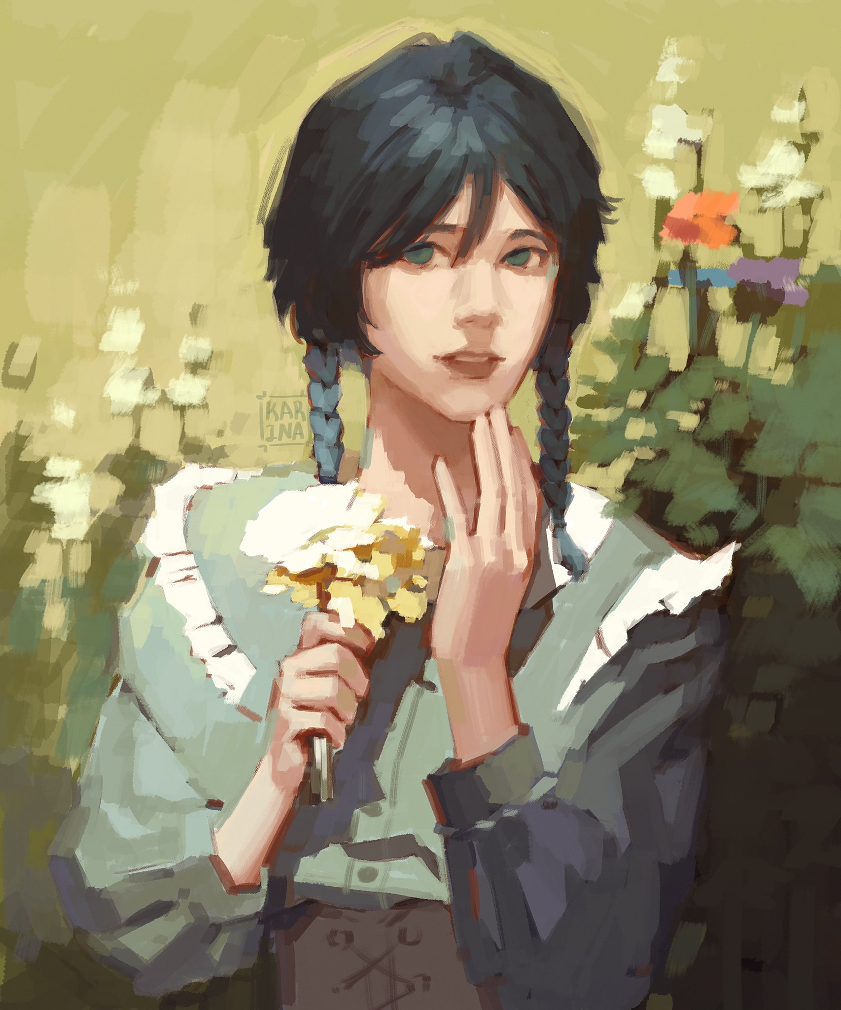 ecler ecler, venti (genshin impact), genshin impact, highres, 1boy, black hair, blue dress, braid, bush, corset, dress, field, flower, flower field, green eyes, hand on own chin, holding, holding flower, looking at viewer, male focus, painterly, parted lips, smile, solo, twin braids, upper body
