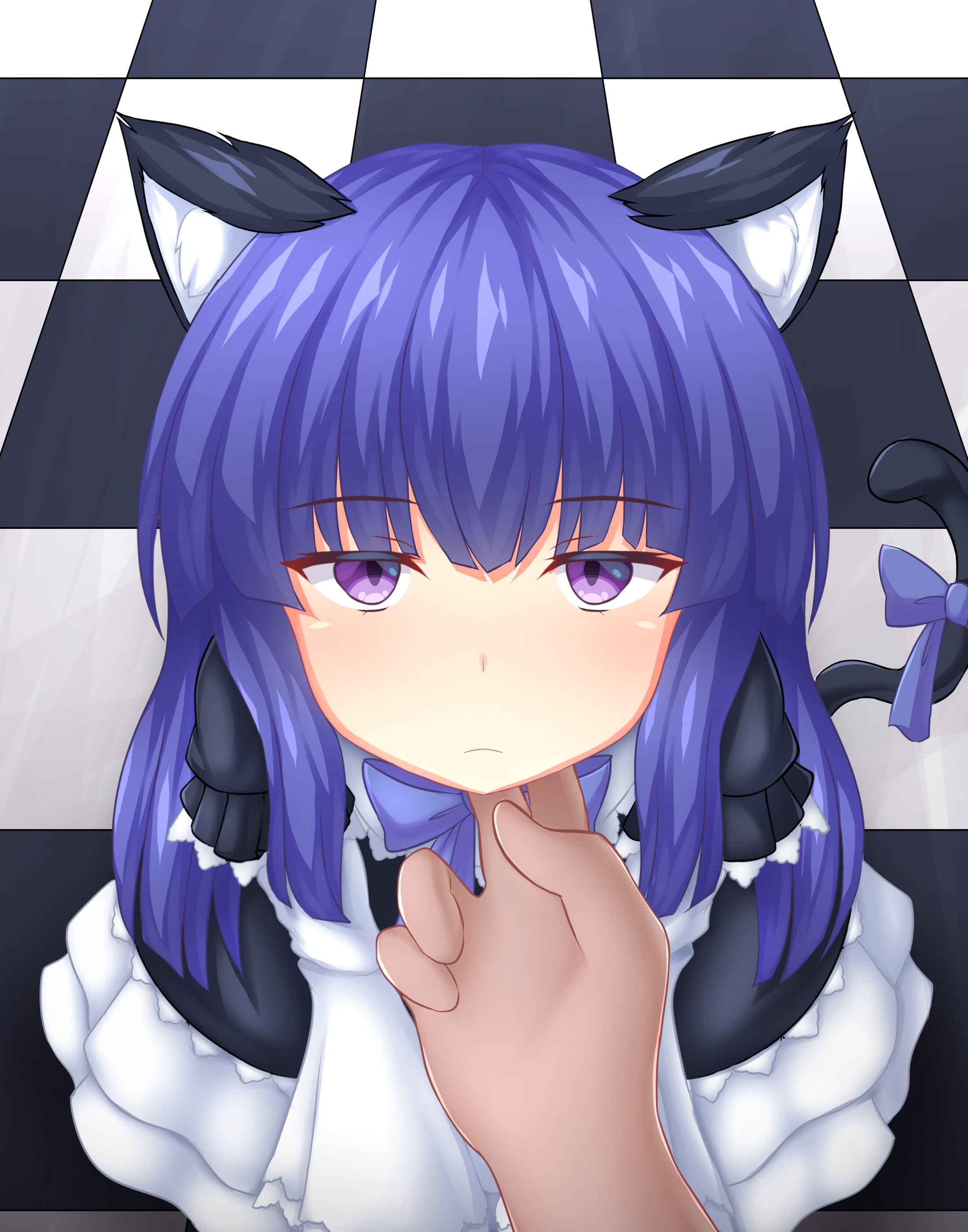 sonicphu, frederica bernkastel, umineko no naku koro ni, absurdres, highres, variant set, 1boy, 1girl, animal ear fluff, animal ears, black dress, black fur, blue bow, blue bowtie, blue hair, blunt bangs, blush, bow, bowtie, cat ears, cat girl, cat tail, checkered background, checkered floor, dress, expressionless, frilled dress, frills, gothic lolita, hand on another's chin, hime cut, lolita fashion, long hair, looking at viewer, looking up, on floor, puffy sleeves, purple eyes, scratches, sidelocks, sitting, tail, tail bow, tail ornament, white fur, wide sleeves
