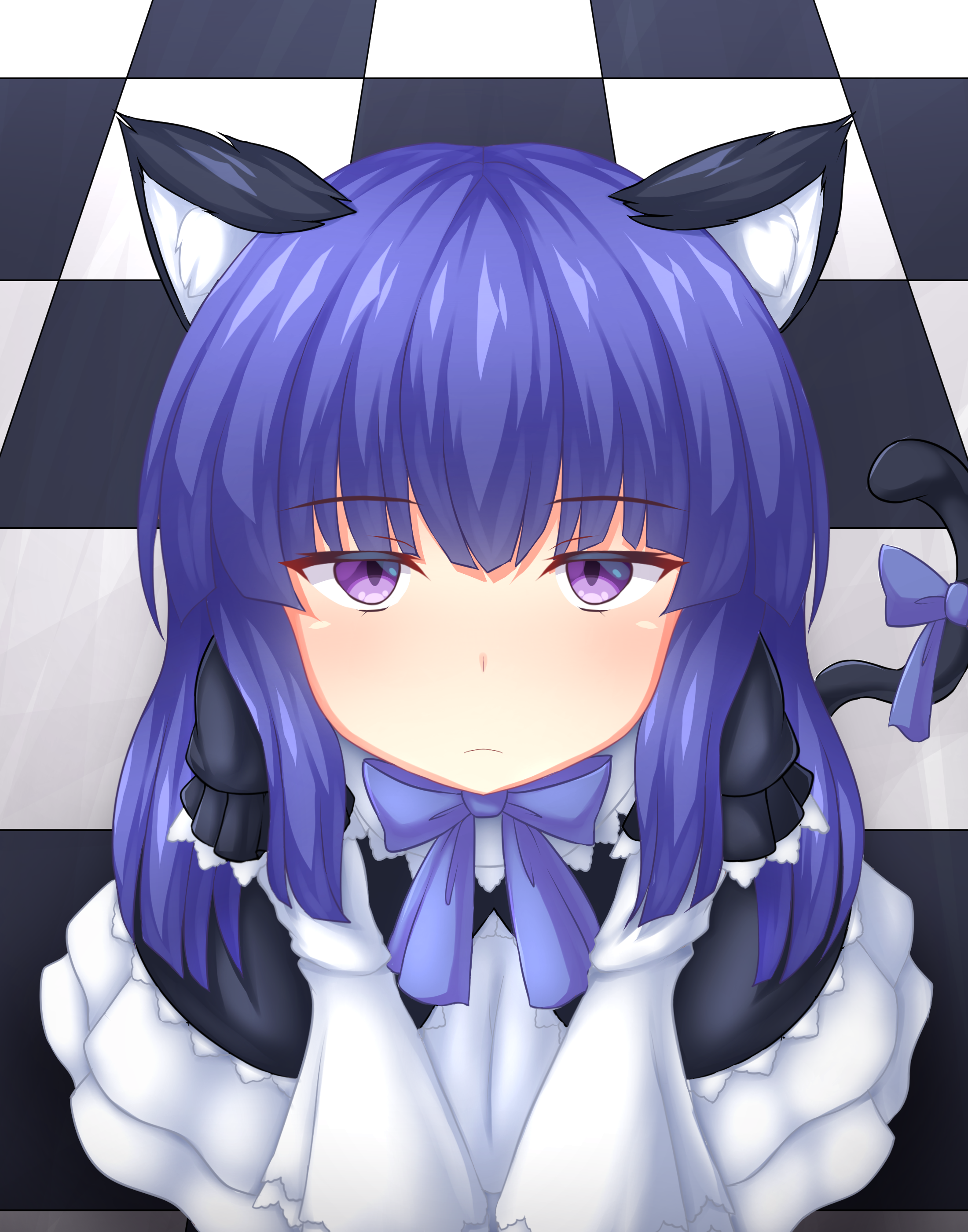 sonicphu, frederica bernkastel, umineko no naku koro ni, absurdres, highres, variant set, 1girl, animal ear fluff, animal ears, black dress, black fur, blue bow, blue bowtie, blue hair, blunt bangs, blush, bow, bowtie, cat ears, cat girl, cat tail, checkered background, checkered floor, dress, expressionless, frilled dress, frills, gothic lolita, hime cut, lolita fashion, long hair, looking at viewer, looking up, on floor, puffy sleeves, purple eyes, sidelocks, sitting, solo, tail, tail bow, tail ornament, white fur, wide sleeves
