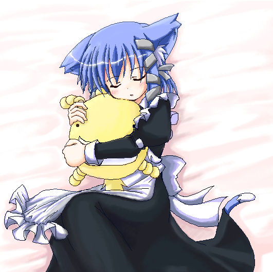 makino (ukiuo), aokaze, oryzae-tan, moyashimon, ukagaka, 1girl, animal ears, blue hair, cat ears, closed eyes, hair ribbon, maid, oekaki, ribbon, sleeping, tress ribbon