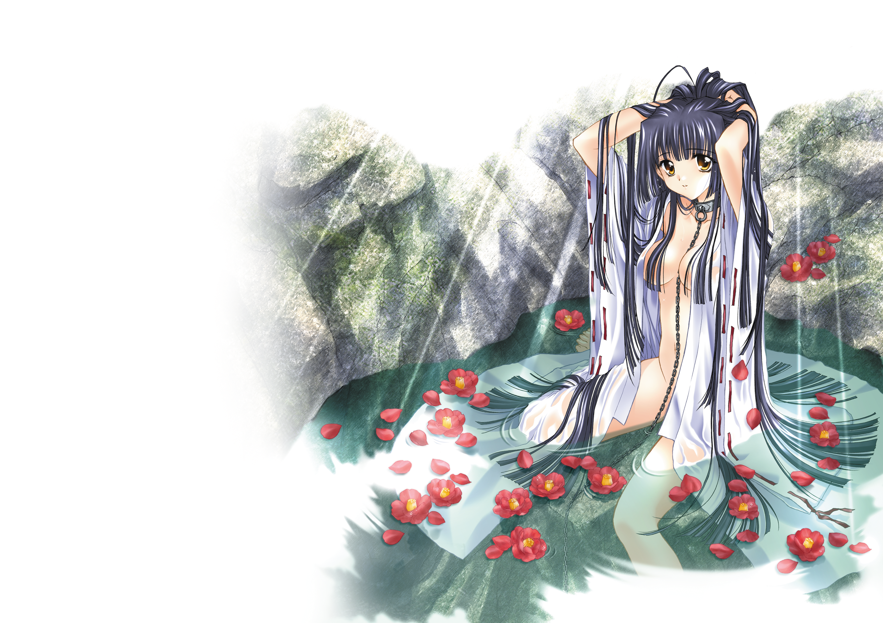 carnelian, kuraki suzuna, kao no nai tsuki, highres, 00s, blue hair, chain, chain between breasts, collar, japanese clothes, kimono, long hair, no panties, purple hair, solo, water, yukata