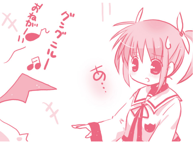 catbell, remilia scarlet, takamachi nanoha, lyrical nanoha, mahou shoujo lyrical nanoha, mahou shoujo lyrical nanoha strikers, touhou, translated, 2girls, bat wings, female focus, monochrome, multiple girls, parody, pink theme, wings