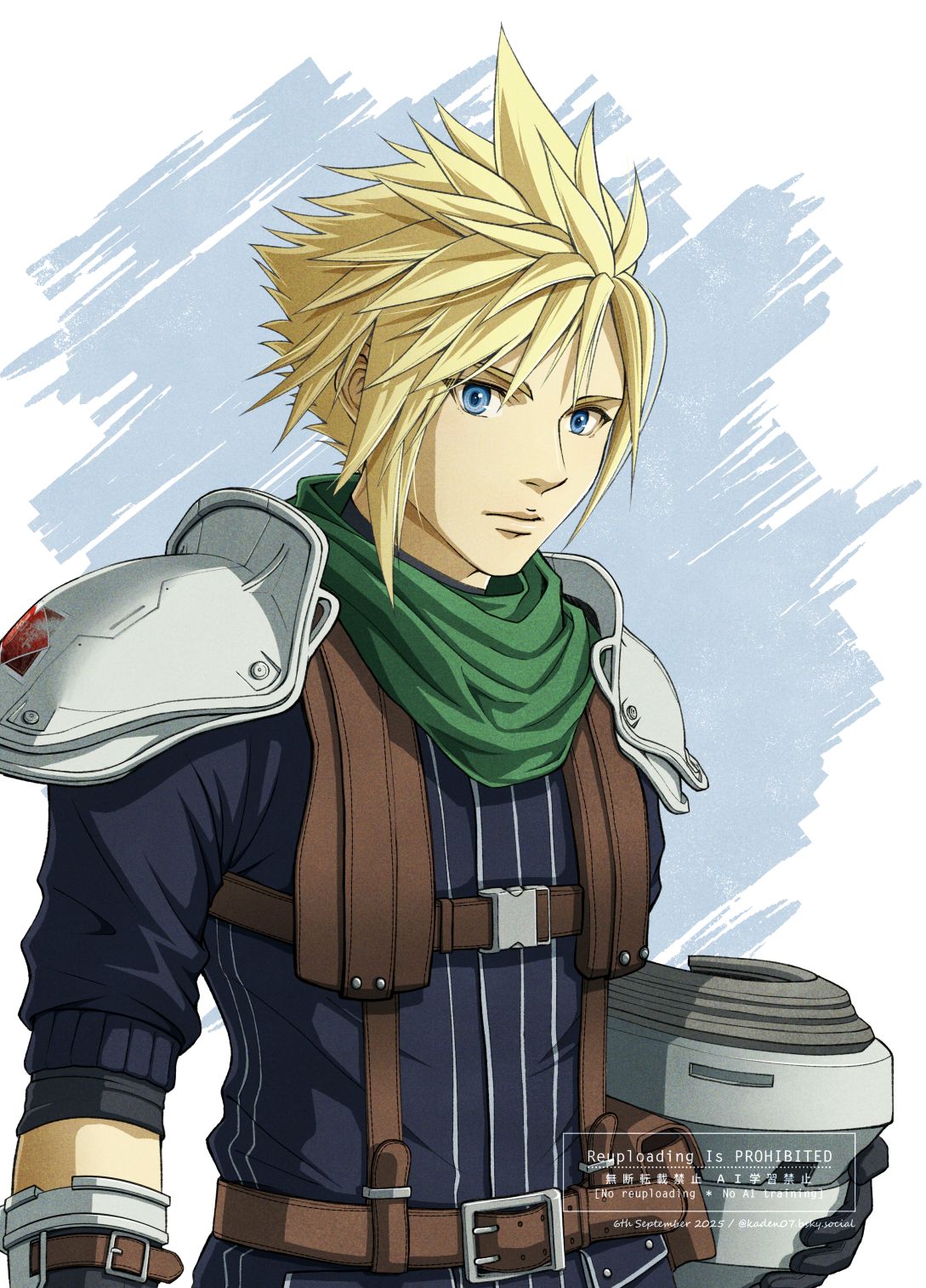 kaden ff7, cloud strife, shinra infantry, crisis core final fantasy vii, final fantasy, final fantasy vii, commentary request, highres, 1boy, armor, blonde hair, blue eyes, blue jacket, closed mouth, green scarf, helmet, holding, holding unworn helmet, jacket, looking at viewer, male focus, scarf, shinra infantry uniform, short hair, shoulder armor, solo, spiked hair, suspenders, unworn headwear, unworn helmet, upper body
