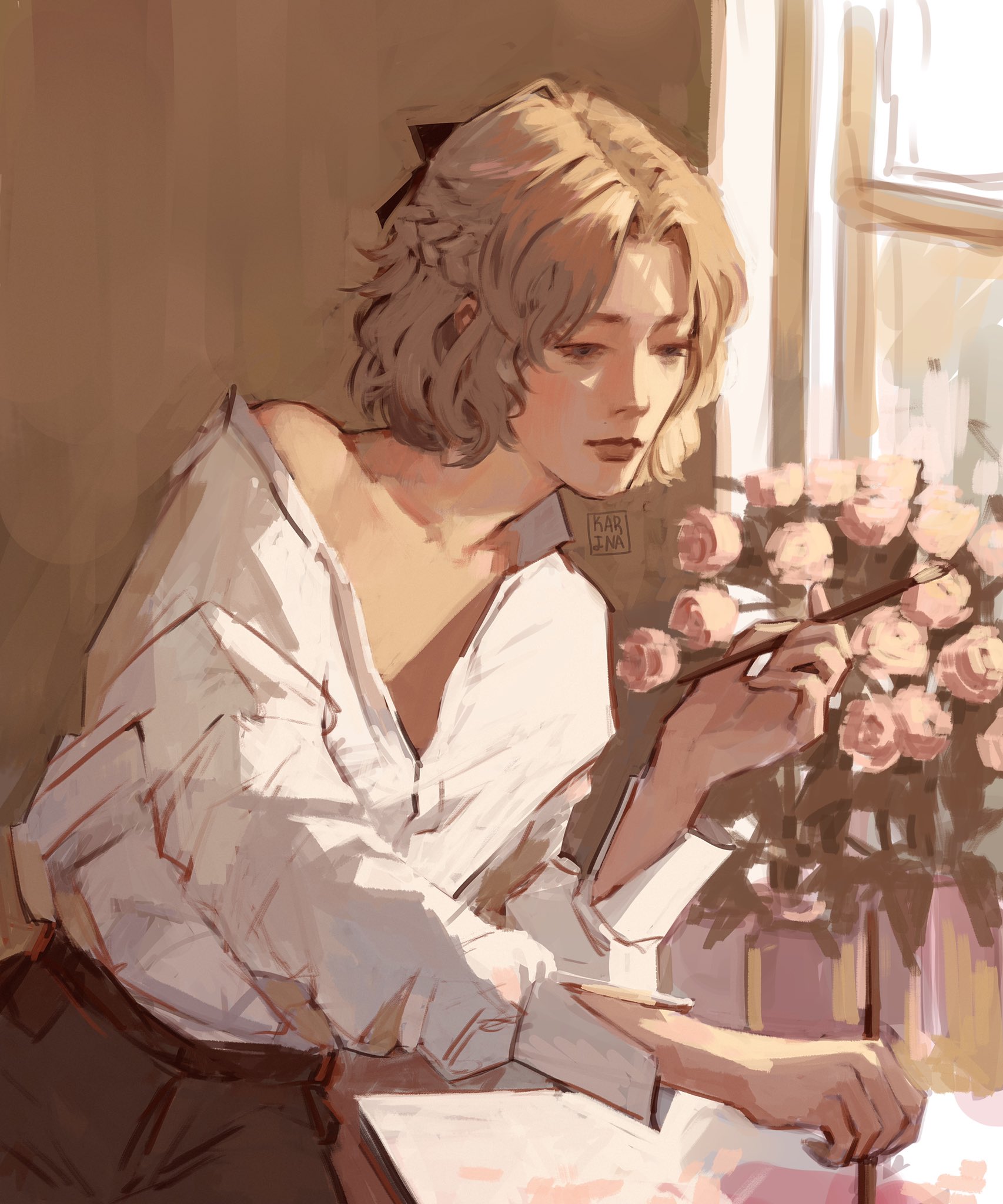 ecler ecler, albedo (genshin impact), genshin impact, highres, 1girl, blonde hair, blouse, bouquet, bow, brown eyes, cowboy shot, curly hair, flower, hair bow, holding, holding paintbrush, leaning to the side, paintbrush, painterly, partially unbuttoned, pink flower, pink rose, rose, shirt, single off shoulder, smile, solo, white shirt, window, window light, windowsill