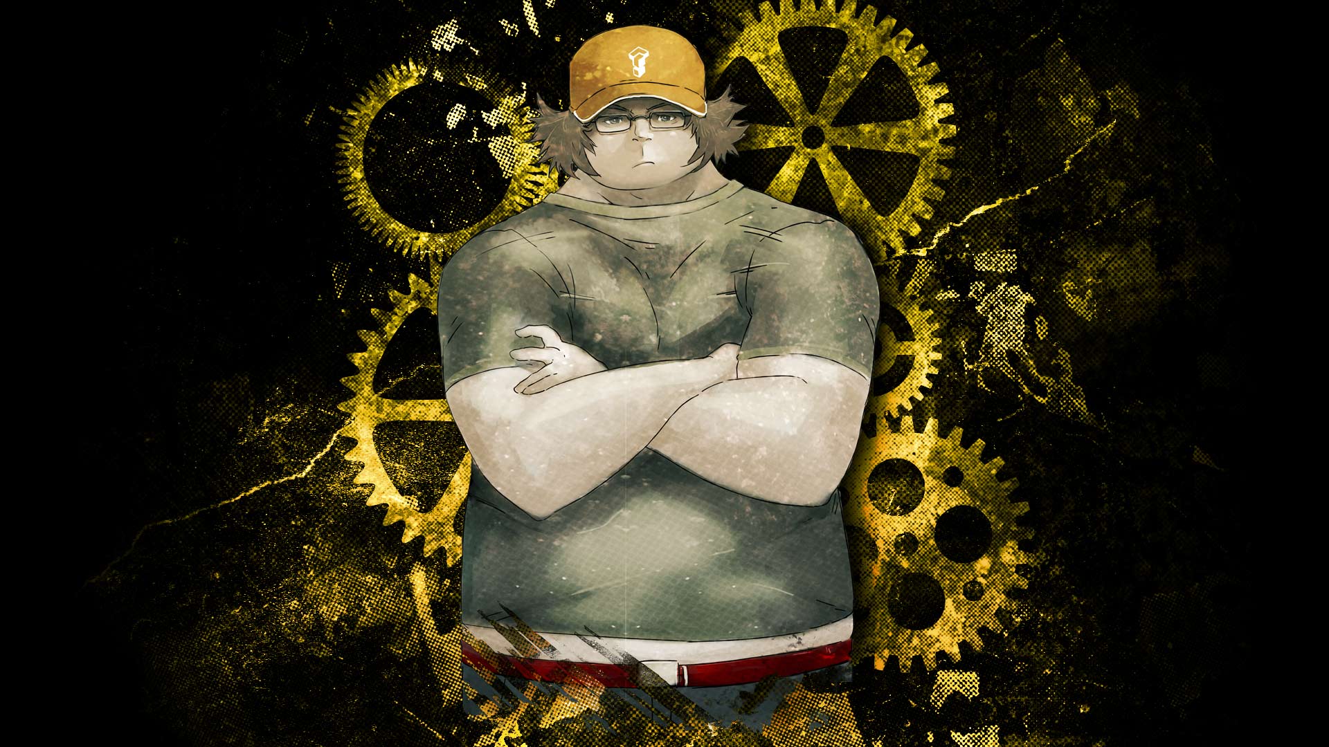 huke, hashida itaru, science adventure, steins;gate, game cg, highres, official art, official wallpaper, 1boy, baseball cap, belt, black background, blue pants, fat, fat man, gears, green shirt, hat, leather belt, midriff, pants, red belt, ringed eyes, shirt, short sleeves, solo, square pupils, t-shirt, yellow hat