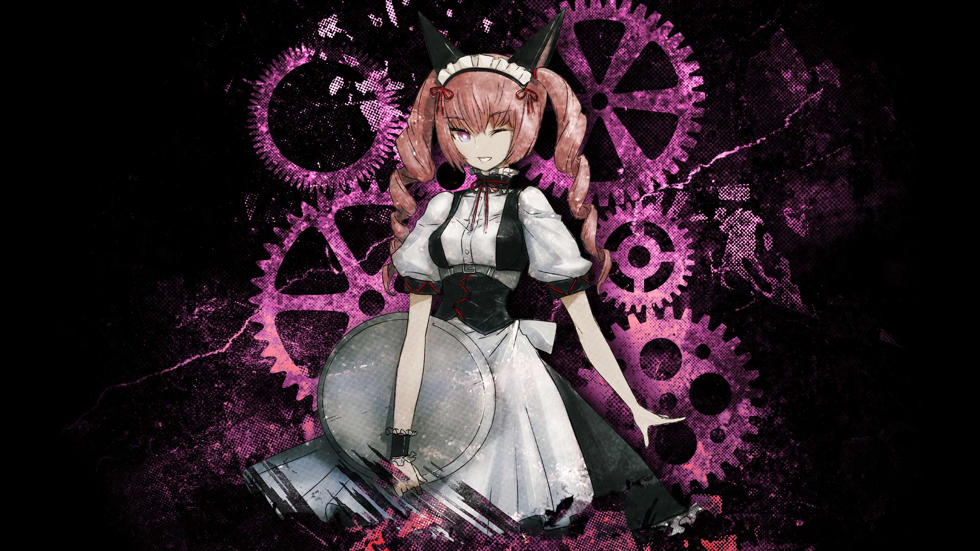 huke, akiha rumiho, science adventure, steins;gate, shiny lips, game cg, highres, official art, official wallpaper, 1girl, animal ear hairband, animal ears, apron, back bow, belt around waist, belt buckle, black background, black skirt, bow, buckle, buttons, cat ears, collar, dress, drill hair, fake animal ears, frilled collar, frilled dress, frilled hairband, frilled skirt, frills, gears, grin, hair between eyes, hairband, long hair, long skirt, looking at viewer, maid, maid apron, maid headdress, mayqueen maid uniform, one eye closed, pink eyes, pink hair, pink lips, puffy short sleeves, puffy sleeves, red ribbon, ribbon, ribbon-trimmed collar, ribbon-trimmed corset, ribbon-trimmed hairband, ribbon-trimmed sleeves, ribbon trim, ringed eyes, short sleeves, skirt, smile, solo, square pupils, tsurime, twin drills, twintails, white apron, white bow, white dress, wrist cuffs