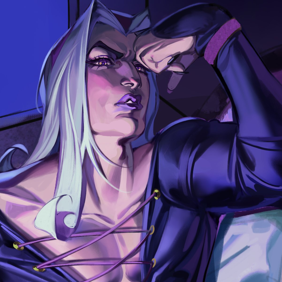 yahidna, leone abbacchio, jojo no kimyou na bouken, vento aureo, commentary, english commentary, highres, unfinished, 1boy, coat, collarbone, flexing, grey hair, jacket, long hair, long sleeves, looking at viewer, makeup, male focus, multicolored jacket, parted lips, pectoral cleavage, pectorals, plunging neckline, purple coat, purple eyes, purple lips, solo, toned, toned male, two-tone jacket, upper body, white hair, yellow lips