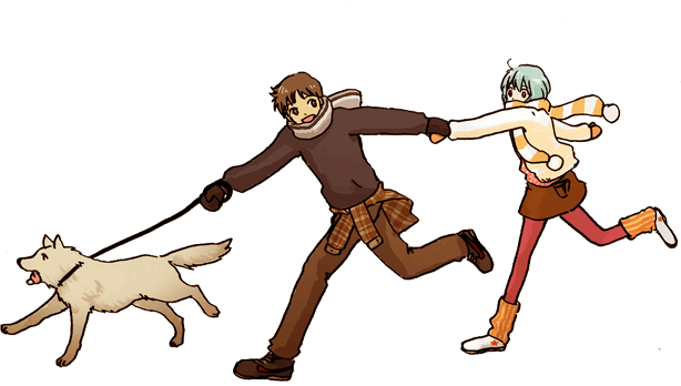 lrk, ayanami rei, ikari shinji, neon genesis evangelion, brown footwear, striped legwear, white footwear, 1boy, 1girl, :d, ahoge, alternate costume, animal, blue hair, brown eyes, brown hair, brown pants, brown shirt, brown skirt, cardigan, clothes around waist, covered mouth, dog, full body, hetero, holding, holding hands, leash, leash pull, leg warmers, long sleeves, looking at another, miniskirt, mittens, open cardigan, open clothes, open mouth, outstretched arms, pants, pantyhose, pet walking, plaid clothes, plaid shirt, polka dot, pom pom (clothes), red pantyhose, running, scarf, shirt, shirt around waist, shoes, short hair, skirt, smile, sneakers, striped clothes, striped pantyhose, striped scarf, sweater, transparent background, vertical-striped clothes, vertical-striped pantyhose, winter clothes