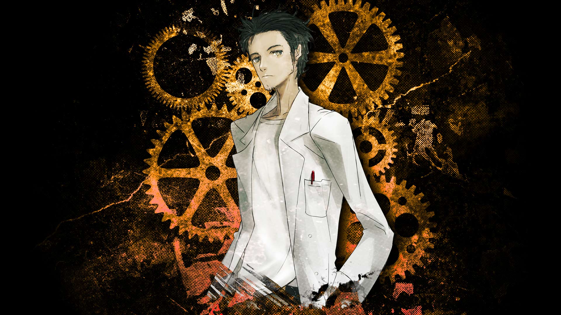 huke, okabe rintarou, science adventure, steins;gate, game cg, highres, official art, official wallpaper, 1boy, adam's apple, beard stubble, belt, black background, black belt, black hair, breast pocket, brown pants, coat, collarbone, expressionless, facial hair, frown, gears, grey eyes, lab coat, lapels, leather belt, long sleeves, looking at viewer, messy hair, notched lapels, object in pocket, pants, pen in pocket, pocket, ringed eyes, shirt, shirt partially tucked in, solo, square pupils, stubble, t-shirt, white coat, white shirt