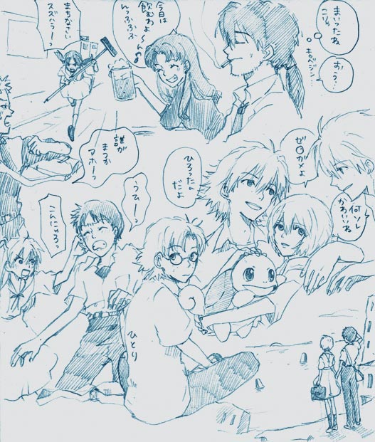 lrk, aida kensuke, ayanami rei, horaki hikari, kaji ryouji, katsuragi misato, nagisa kaworu, souryuu asuka langley, squirtle, suzuhara touji, neon genesis evangelion, nintendo, pokemon, translation request, 4girls, 5boys, alcohol, beer, blue theme, crossover, dress, freckles, gen 1 pokemon, glasses, monochrome, multiple boys, multiple girls, pokemon (creature), school uniform
