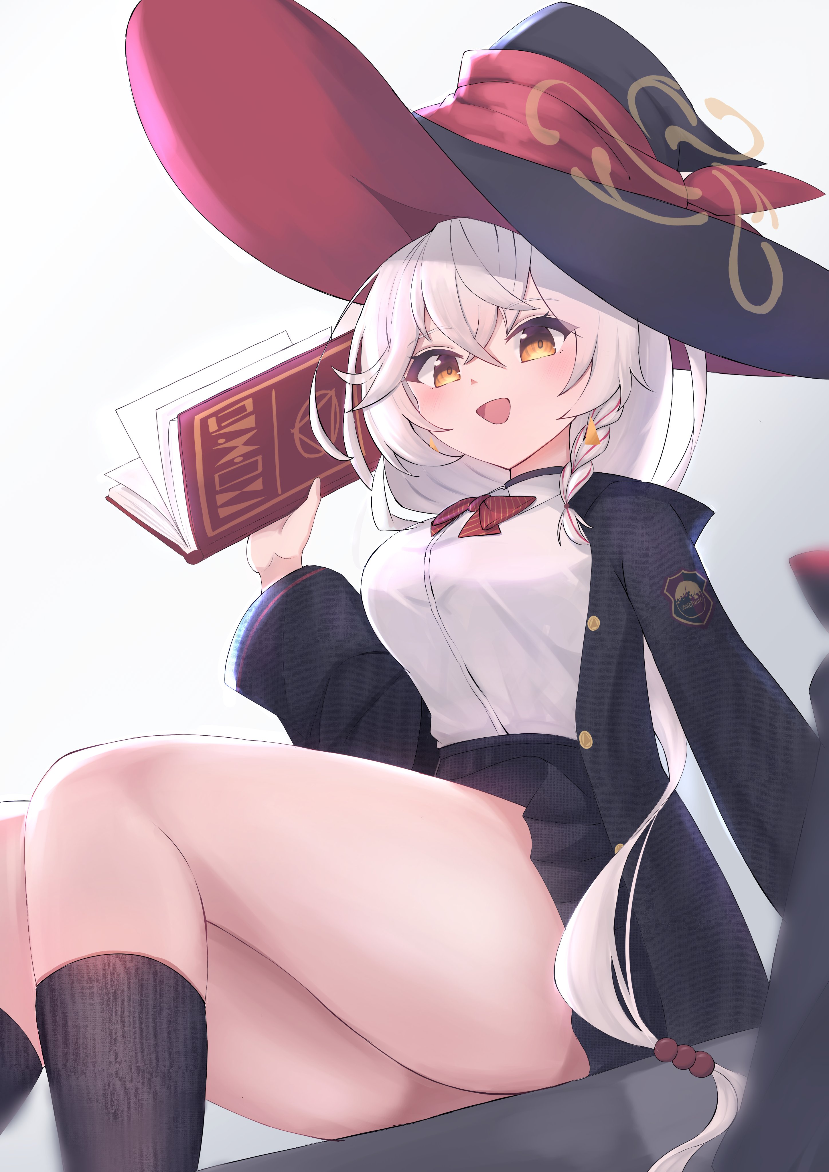 eri (blue archive), blue archive, absurdres, commentary, highres, 1girl, :d, black hat, black robe, black skirt, black socks, blush, book, bow, bowtie, braid, breasts, brown eyes, buttons, crossed bangs, diagonal-striped bow, diagonal-striped bowtie, diagonal-striped clothes, feet out of frame, from below, grey hair, hair between eyes, hair bobbles, hair ornament, halo, hand up, happy, hat, hat ribbon, holding, holding book, kneehighs, large breasts, lasttime0519, long hair, long sleeves, looking at viewer, low ponytail, miniskirt, open book, open clothes, open mouth, open robe, pleated skirt, ponytail, red bow, red bowtie, red ribbon, ribbon, robe, school uniform, shirt, sidelighting, simple background, single braid, sitting, skirt, smile, socks, solo, striped bow, striped bowtie, striped clothes, thighs, tilted halo, very long hair, white background, white shirt, wide sleeves, witch, witch hat, yellow halo