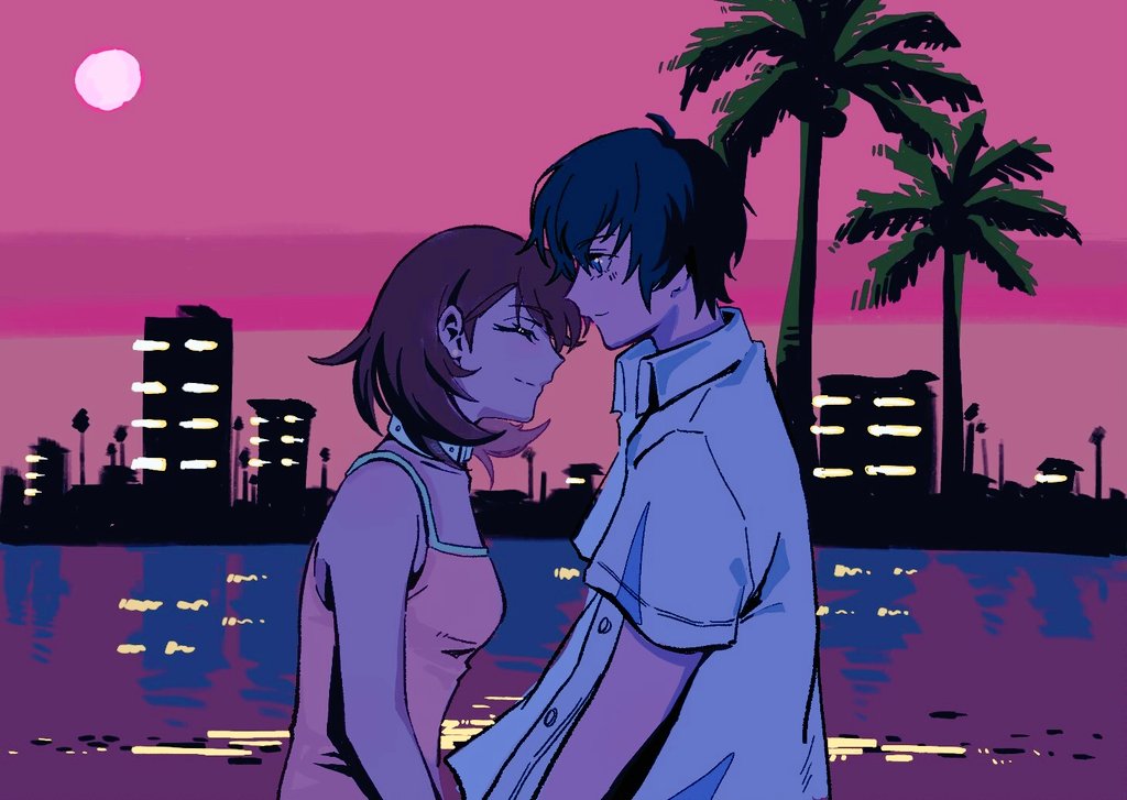 meronsha, takeba yukari, yuuki makoto (persona 3), persona, persona 3, commentary, english commentary, 1boy, 1girl, bare shoulders, blue hair, brown hair, building, camisole, choker, city lights, closed mouth, collared shirt, couple, flipped hair, from side, height difference, horizon, looking at another, ocean, outdoors, palm tree, pink camisole, pink sky, profile, reflection, reflective water, shirt, short hair, short sleeves, sky, smile, spaghetti strap, sunset, tree, upper body, water, white choker, white shirt