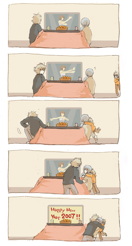 lrk, ayanami rei, nagisa kaworu, neon genesis evangelion, 00s, 2007, 2boys, 2girls, brother and sister, child, comic, cup, family, food, fruit, hug, if they mated, indoors, kotatsu, mandarin orange, multiple boys, multiple girls, new year, siblings, silent comic, sitting, standing, table, television, yunomi