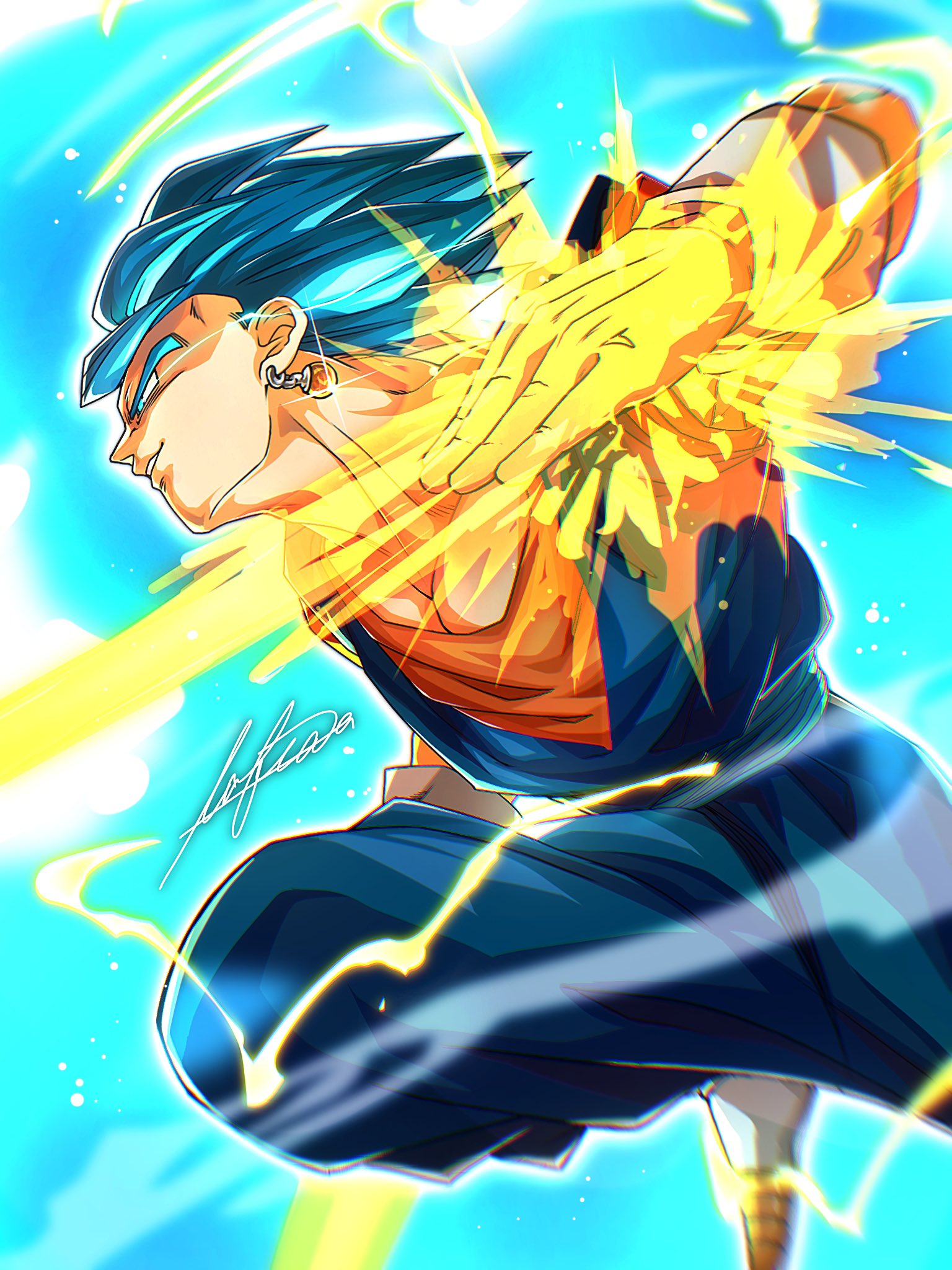 lafia db, vegetto, dragon ball, dragon ball super, highres, 1boy, arm blade, blue background, blue eyes, blue hair, blue pants, blue shirt, dougi, energy blade, gloves, male focus, medium hair, orange shirt, pants, shirt, simple background, solo, spiked hair, super saiyan, super saiyan blue, weapon, white gloves