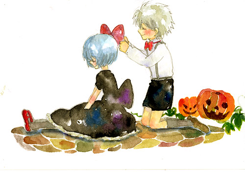 lrk, ayanami rei, nagisa kaworu, neon genesis evangelion, silver hair, lowres, painting (medium), traditional media, watercolor (medium), 1boy, 1girl, black dress, blonde hair, blush, bow, bowtie, closed eyes, dress, faux figurine, full body, hair bow, jack-o'-lantern, kneeling, puffy short sleeves, puffy sleeves, pumpkin, red bow, red bowtie, short hair, short sleeves, sitting