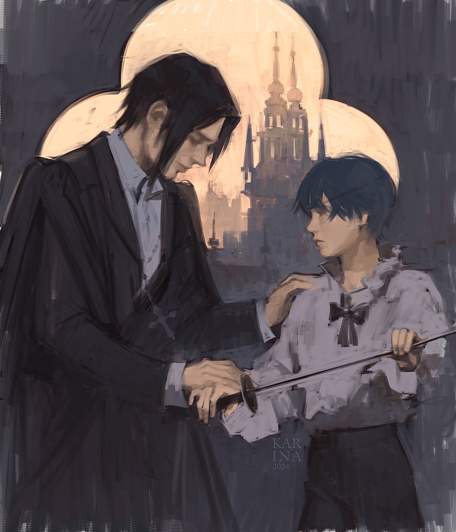ecler ecler, ciel (kamitsubaki studio), sebastian michaelis, kuroshitsuji, highres, 2boys, black coat, black hair, black suit, blue hair, castle, closed eyes, clover print, coat, collared shirt, cowboy shot, eyepatch, formal clothes, hand on another's shoulder, head down, holding, holding hands, holding polearm, holding weapon, lance, looking at another, multiple boys, neck ribbon, painterly, polearm, ribbon, shirt, short hair, sidelocks, smile, suit, weapon, white shirt