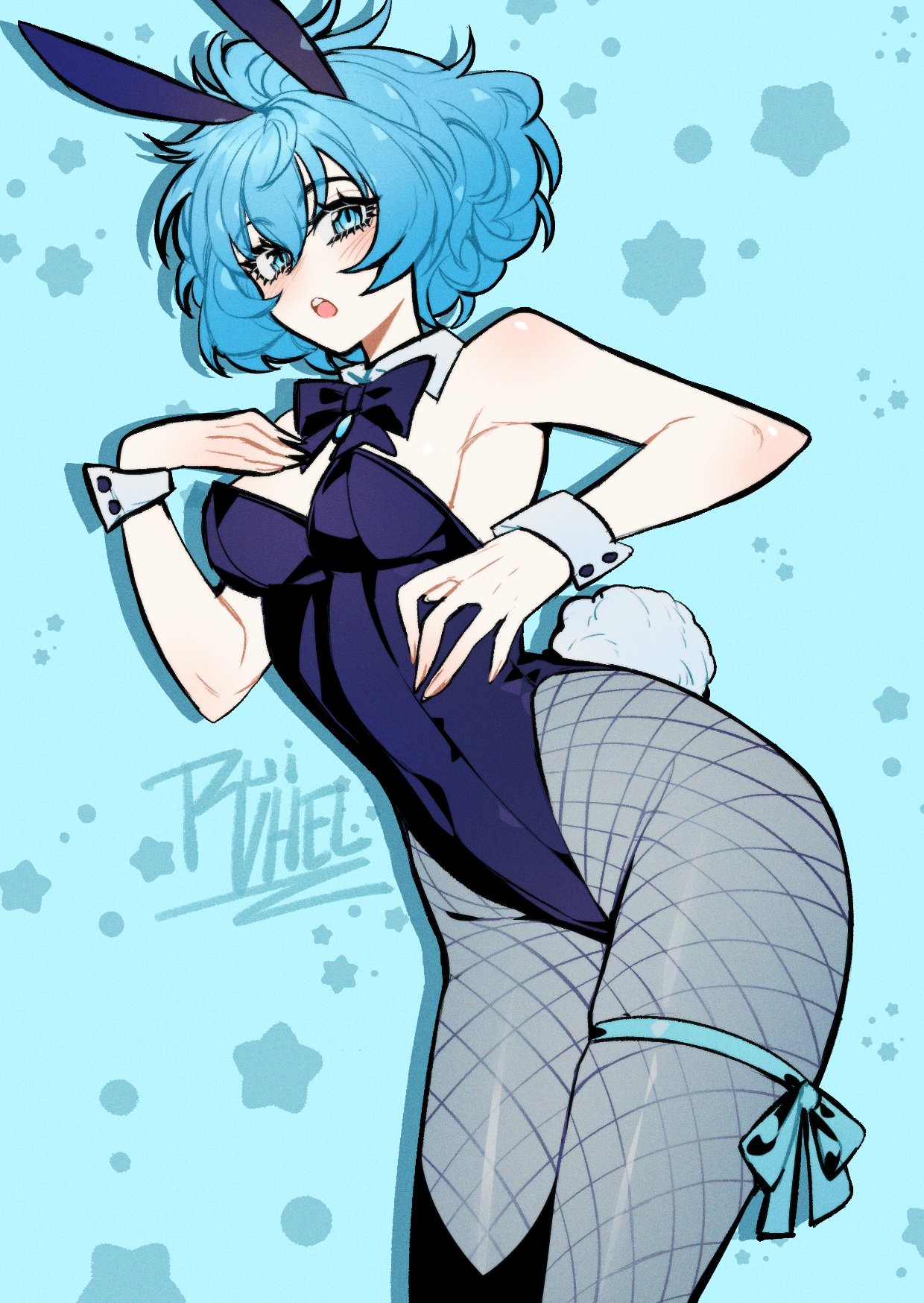 ruivhel, two (drag-on dragoon), drag-on dragoon, drag-on dragoon 3, commentary, english commentary, highres, 1girl, :o, animal ears, blue background, blue eyes, blue hair, blush, cowboy shot, detached collar, fake animal ears, fake tail, fishnet pantyhose, fishnets, hair between eyes, leotard, looking at viewer, pantyhose, playboy bunny, rabbit ears, rabbit tail, short hair, signature, solo, star (symbol), star symbol background, strapless, strapless leotard, tail, wrist cuffs