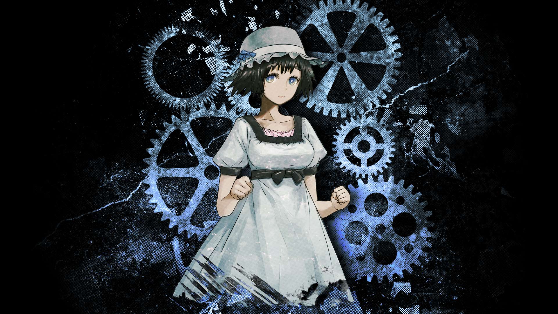 huke, shiina mayuri, science adventure, steins;gate, game cg, highres, official art, official wallpaper, 1girl, aqua eyes, black background, black bow, black hair, black trim, blue dress, blue eyes, blue hat, bow, chest bow, collar, collarbone, dress, frilled collar, frilled hat, frills, gears, hat, medium hair, pink frills, puffy short sleeves, puffy sleeves, ringed eyes, short sleeves, shorts under dress, solo, square pupils, tareme