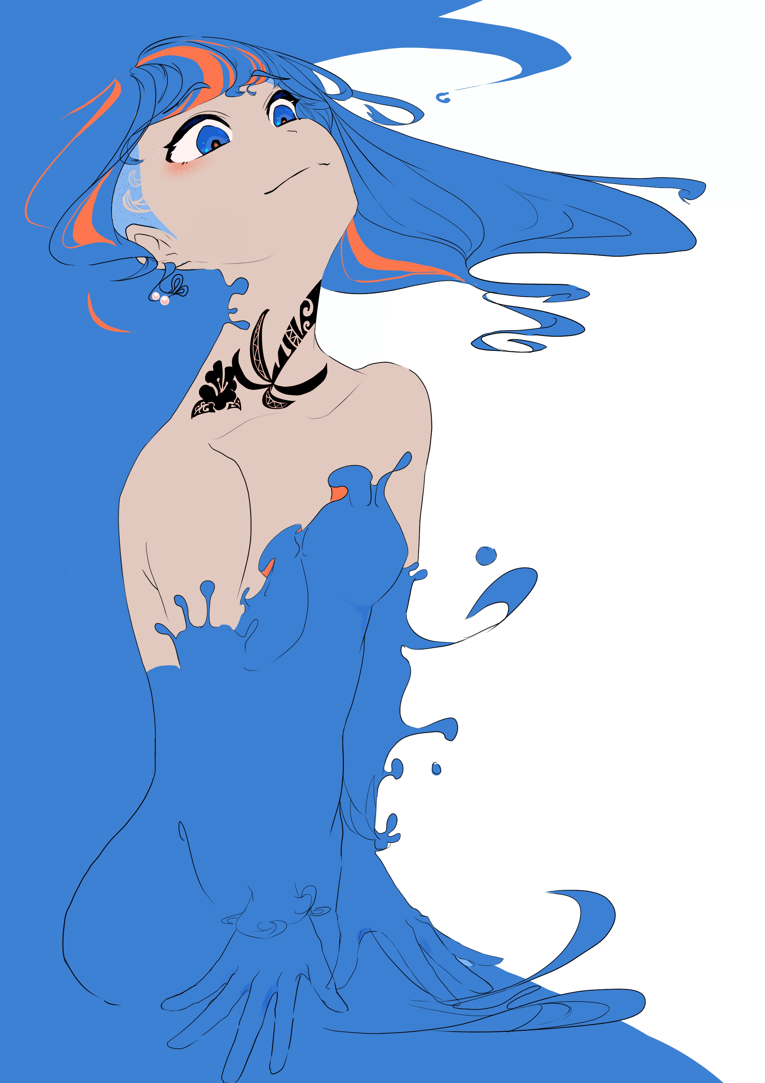 umidukidayo, original, absurdres, commentary request, highres, 1girl, blue eyes, blue hair, closed mouth, eyelashes, long hair, multicolored hair, neck tattoo, nude, paint on body, red hair, simple background, smile, solo, streaked hair, tattoo, two-tone hair, undercut, white background