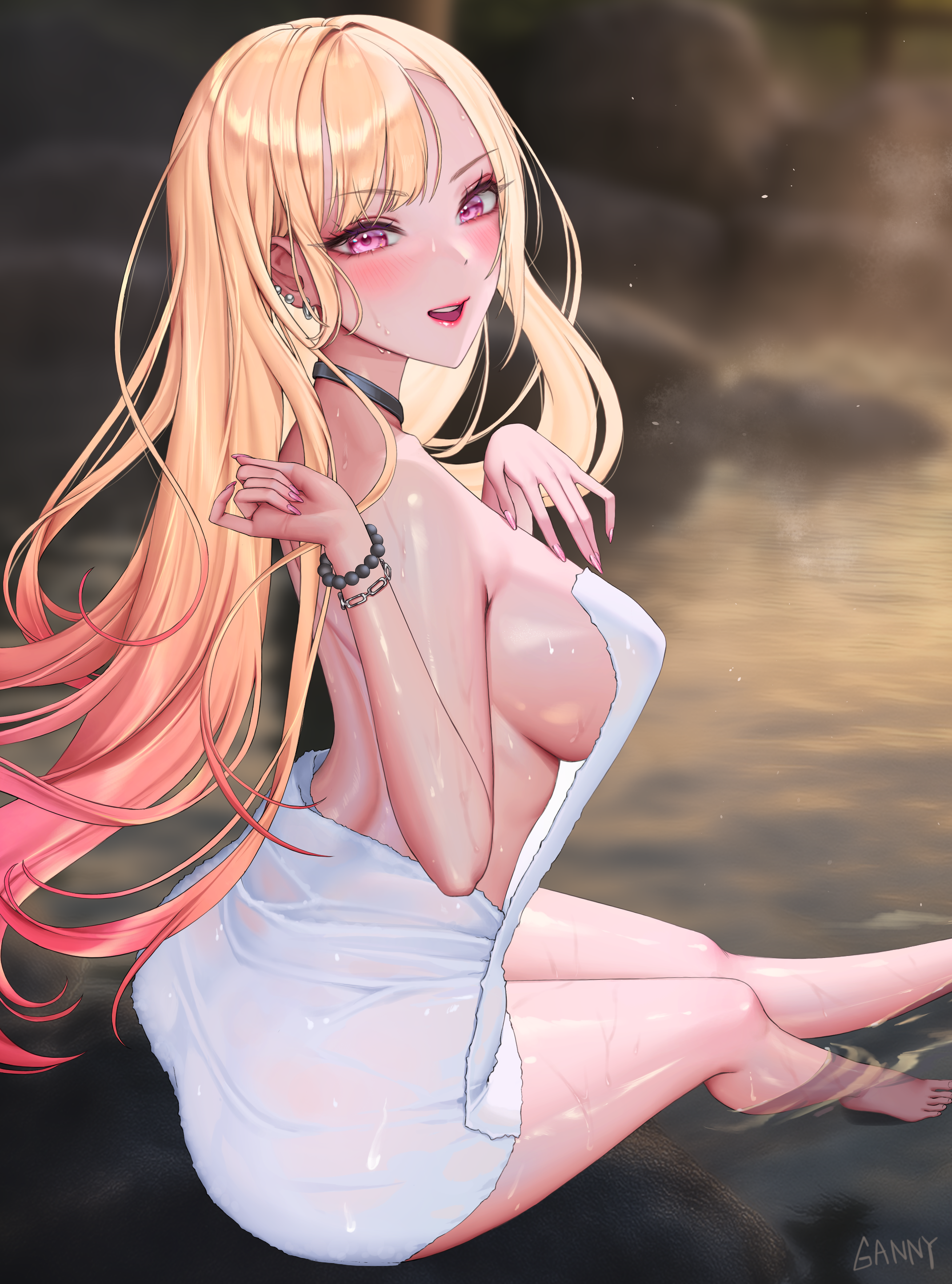 gnxxe1, kitagawa marin, sono bisque doll wa koi wo suru, absurdres, highres, 1girl, bathing, blonde hair, blush, bracelet, breasts, convenient censoring, jewelry, long hair, looking at viewer, naked towel, onsen, partially submerged, pearl bracelet, piercing, pink eyes, rock, sitting, smile, solo, steam, steam censor, towel, water