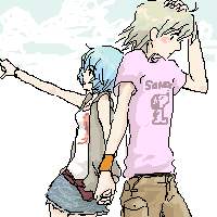 lrk, ayanami rei, nagisa kaworu, neon genesis evangelion, lowres, 1boy, 1girl, hand on own head, oekaki