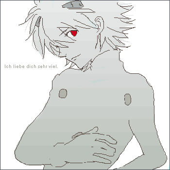 lrk, nagisa kaworu, neon genesis evangelion, lowres, translated, 1boy, german text, male focus, mecha pilot suit, oekaki, plugsuit (evangelion), ranguage, red eyes, short hair, solo