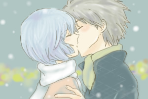 lrk, ayanami rei, nagisa kaworu, neon genesis evangelion, lowres, 1boy, 1girl, blue hair, couple, from side, hetero, kiss, long sleeves, outdoors, profile, scarf, snow, snowing, upper body, white scarf, winter