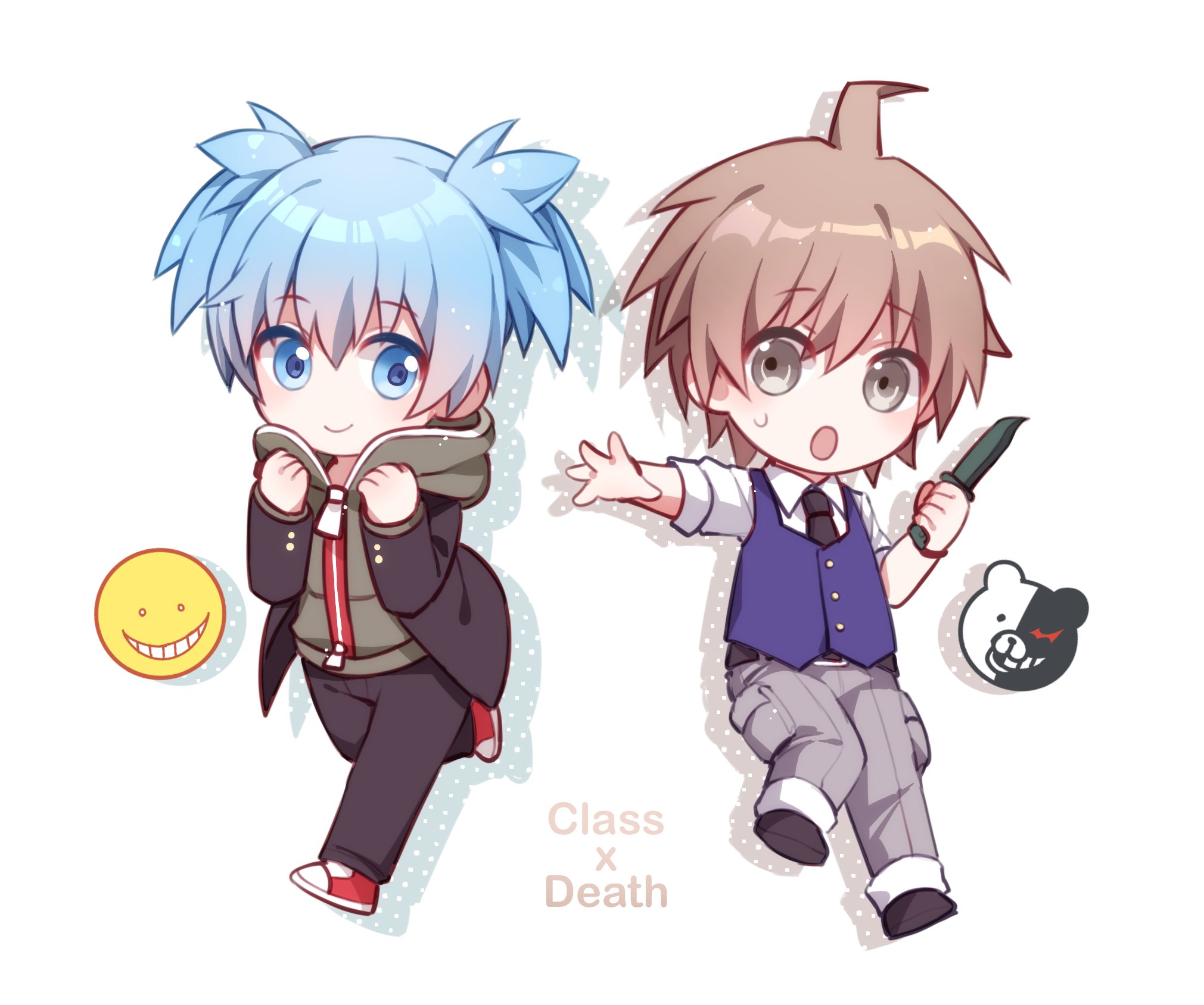 shadow71580825, koro-sensei, monokuma, naegi makoto, shiota nagisa, ansatsu kyoushitsu, danganronpa: trigger happy havoc, danganronpa (series), commentary request, highres, 2boys, :o, ahoge, belt, black belt, black jacket, black necktie, black pants, black shoes, blue eyes, blue hair, blue vest, brown hair, chibi, closed mouth, collared shirt, cosplay, costume switch, crossover, english text, full body, green eyes, green hoodie, grey pants, holding, holding knife, hood, hood down, hoodie, jacket, knife, long sleeves, male focus, multiple boys, necktie, open clothes, open jacket, open mouth, outstretched arm, pants, red shoes, shirt, shoes, short hair, short twintails, simple background, smile, sweatdrop, twintails, vest, white background, white shirt, zipper