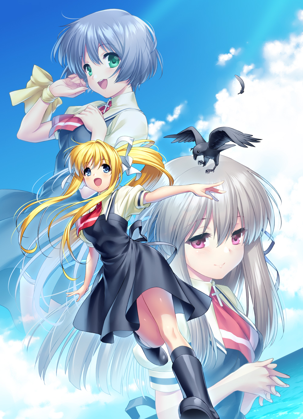 zen (kamuro), kamio misuzu, kirishima kano, sora (air), toono minagi, air (visual novel), commentary request, highres, 3boys, black boots, black dress, black feathers, black socks, blue eyes, blue hair, blue sky, blush, boots, breast suppress, breasts, closed mouth, cloud, collared shirt, cowboy shot, cross ornament, day, dress, dutch angle, eyelashes, feathers, floating hair, full body, green eyes, grey hair, hair between eyes, hair intakes, hair ribbon, hand up, happy, interlocked fingers, kneehighs, loafers, long hair, looking at viewer, medium breasts, multiple boys, necktie, ocean, open mouth, outdoors, outstretched arms, own hands together, pink eyes, ponytail, puffy short sleeves, puffy sleeves, red necktie, ribbon, school uniform, shirt, shoes, short dress, short hair, short sleeves, sidelocks, sky, sleeveless, sleeveless dress, smile, socks, standing, standing on one leg, straight hair, teeth, upper body, upper teeth only, very long hair, white ribbon, wrist ribbon, yellow ribbon, yellow shirt