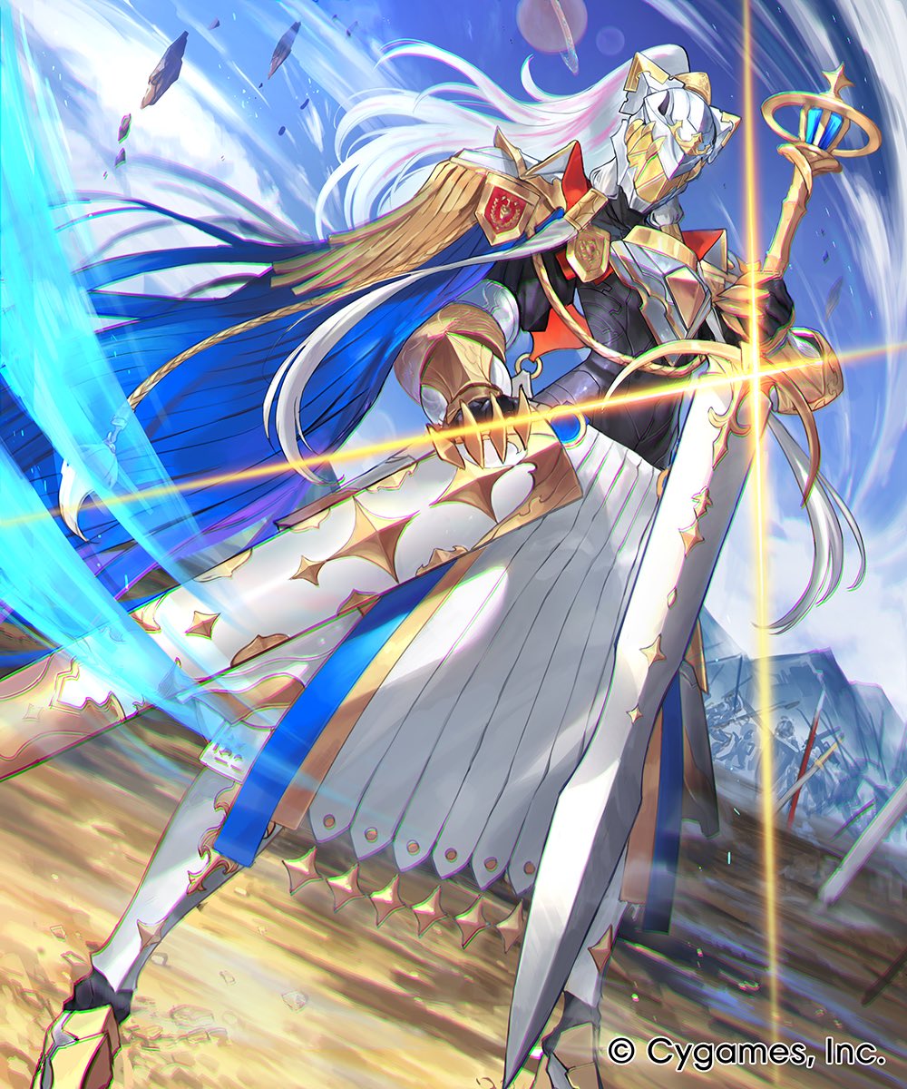 miruto netsuki, shadowverse, shadowverse: worlds beyond, commentary request, highres, official art, 1girl, armor, armored boots, armored dress, blue cape, blue sky, boots, breastplate, cape, company name, dress, epaulettes, facing viewer, gauntlets, greaves, helmet, holding, holding sword, holding weapon, knight, long hair, long skirt, outdoors, pauldrons, sheath, shoulder armor, skirt, sky, solo, standing, sword, weapon, white hair, zirconia (shadowverse)