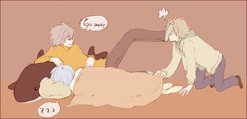 lrk, ayanami rei, nagisa kaworu, neon genesis evangelion, lowres, 1boy, 1girl, all fours, barefoot, blue hair, brown background, clone, dual persona, full body, in the face, lying, on back, on side, pants, pillow, short hair, simple background, sleeping
