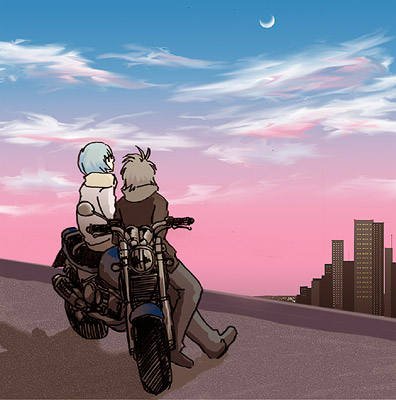 lrk, ayanami rei, nagisa kaworu, neon genesis evangelion, vehicle, lowres, cityscape, cloud, moon, motor vehicle, motorcycle, sky