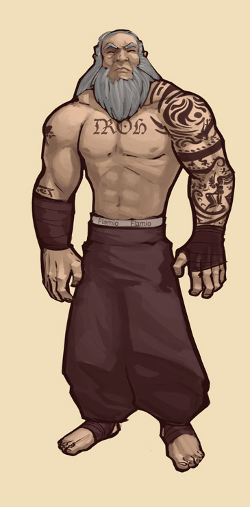 zazb, iroh, nickelodeon, avatar, silver hair, barefoot, beard, closed eyes, facial hair, fingerless gloves, gloves, manly, muscular, old, old man, penis, tattoo