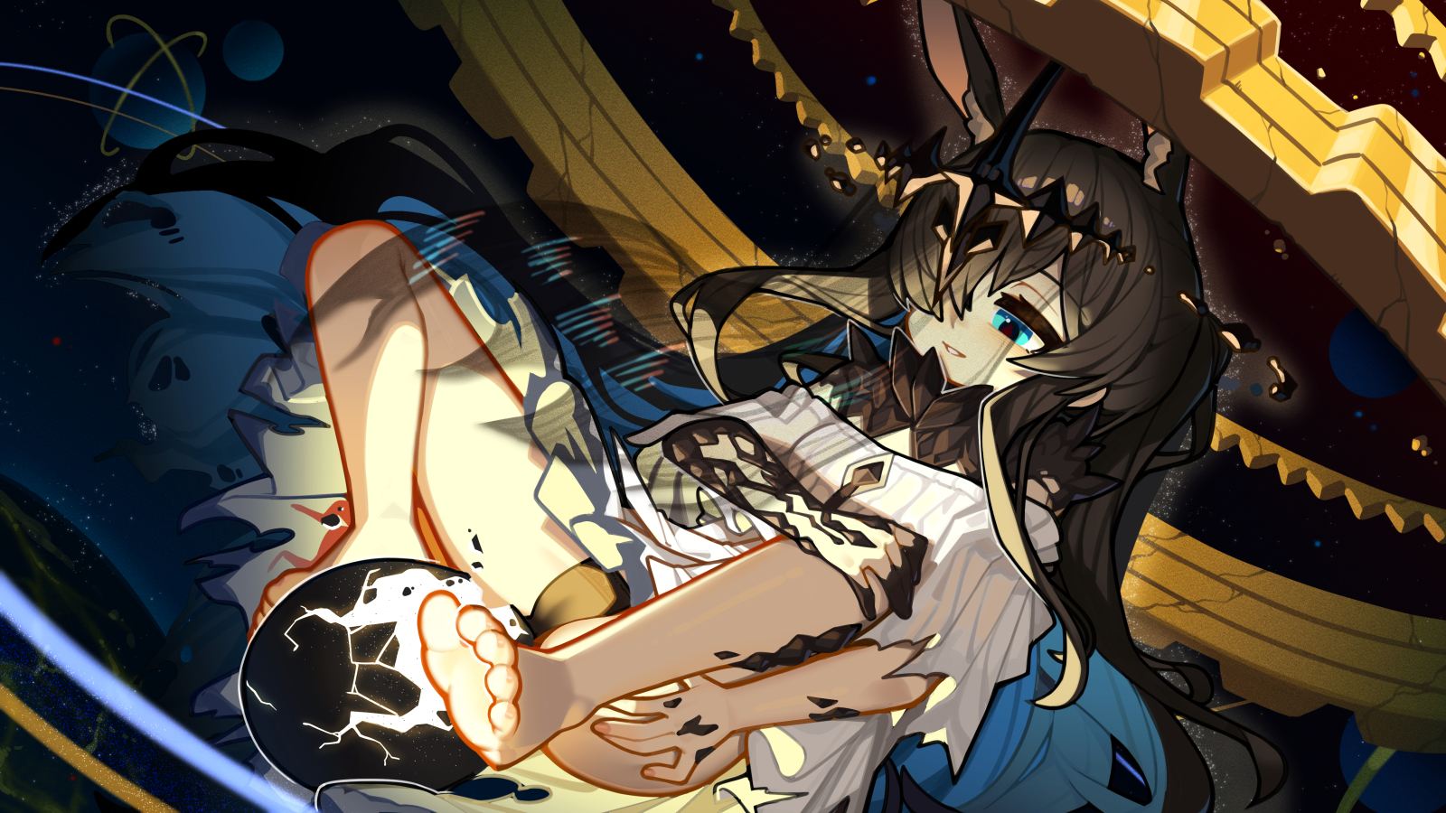 kotoba (1074421015), amiya (arknights), amiya (demon king) (arknights), arknights, highres, 1girl, animal ear fluff, black panties, black veil, blue eyes, brown fur, brown hair, cameltoe, civilight eterna, crown, crystal, dress, feet, floating, floating object, gears, hair between eyes, hair over one eye, legs, long hair, lying, material growth, on back, oripathy lesion (arknights), panties, planet, ponytail, rabbit ears, rabbit girl, roes, sidelocks, smile, solo, space, spread legs, torn clothes, torn dress, underwear, veil, white dress, white fur