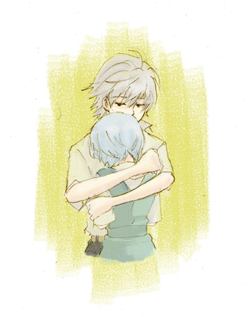 lrk, ayanami rei, nagisa kaworu, neon genesis evangelion, lowres, 1boy, 1girl, albino, back, blue hair, grey hair, hetero, hug, red eyes, school uniform, shirt, short hair, short sleeves, upper body
