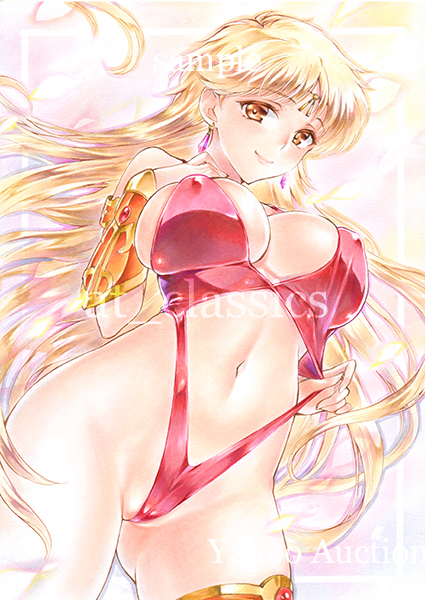 at classics, princess leona, dragon quest, dragon quest dai no daibouken, commentary request, traditional media, 1girl, blonde hair, breasts, brown eyes, circlet, cleavage, clothing cutout, covered erect nipples, cowboy shot, earrings, gluteal fold, gold circlet, jewelry, large breasts, long hair, looking at viewer, midriff, navel, one-piece swimsuit, pink background, red one-piece swimsuit, revealing clothes, revealing swimsuit (dq), sample watermark, sideboob, smile, solo, stomach cutout, swimsuit, teardrop earrings, underboob, watermark