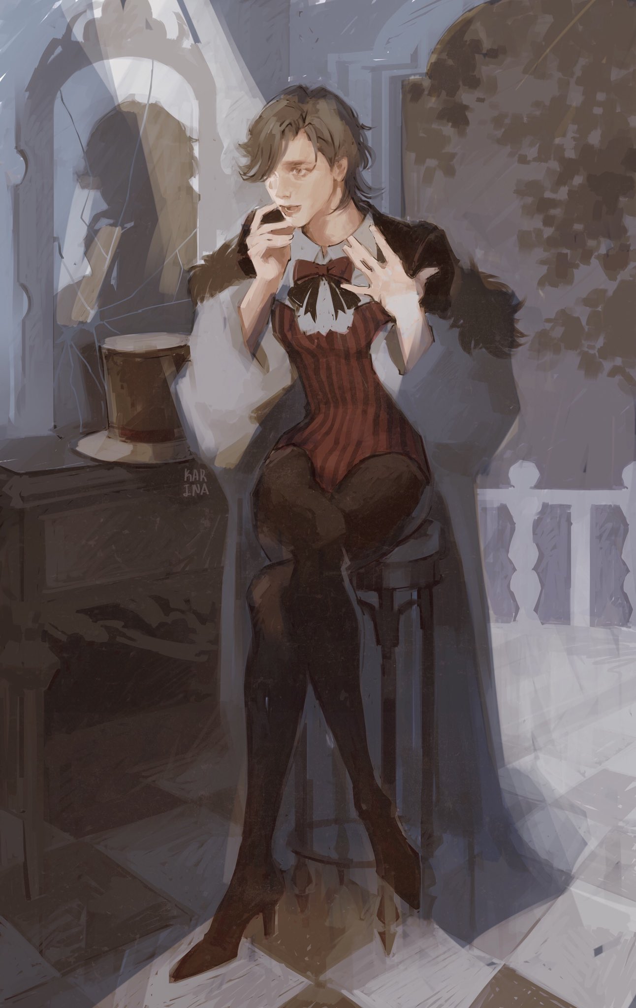 ecler ecler, lyney (genshin impact), genshin impact, highres, 1boy, ||/, balcony, brown eyes, brown hair, brown pantyhose, chest bow, cowboy shot, crack, crack of light, cracked glass, crossed legs, finger to mouth, full body, fur collar, hand on own chest, indoors, male focus, mirror, open mouth, painterly, pantyhose, red vest, reflection, shirt, short hair, sitting, solo, stool, table, tile floor, tiles, tree, vanity table, vest, white shirt